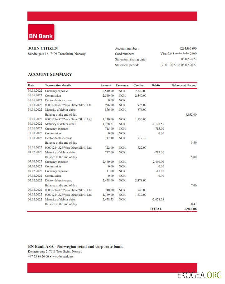 Relevé de la banque norvégienne BN